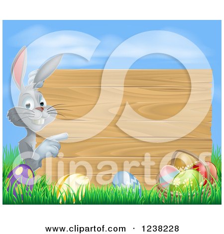 Clipart of a Wood Sign Easter Bunny with Eggs Grass and Sky - Royalty Free Vector Illustration by AtStockIllustration