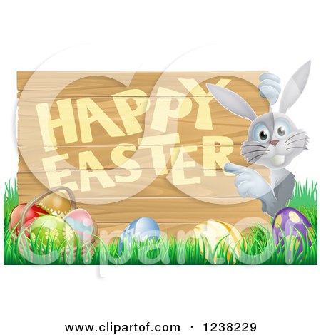 Clipart of a Happy Easter Sign with a Rabbit Grass and Eggs - Royalty Free Vector Illustration by AtStockIllustration