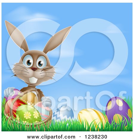 Clipart of a Brown Easter Bunny with a Basket and Eggs in Grass, over Sky - Royalty Free Vector Illustration by AtStockIllustration