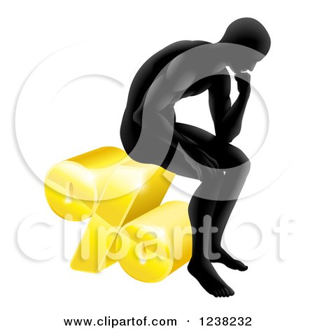 Clipart of a Silhouetted Man Thinking and Sitting on a 3d Percent Symbol - Royalty Free Vector Illustration by AtStockIllustration