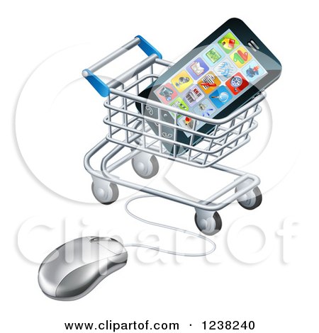 Clipart of a 3d Computer Mouse and Cart with a Smart Phone - Royalty Free Vector Illustration by AtStockIllustration