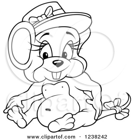 Clipart of a Black and White Female Mouse Sitting and Wearing a Hat and Bow - Royalty Free Vector Illustration by dero