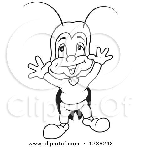 Clipart of a Black and White Cricket Cheering - Royalty Free Vector Illustration by dero