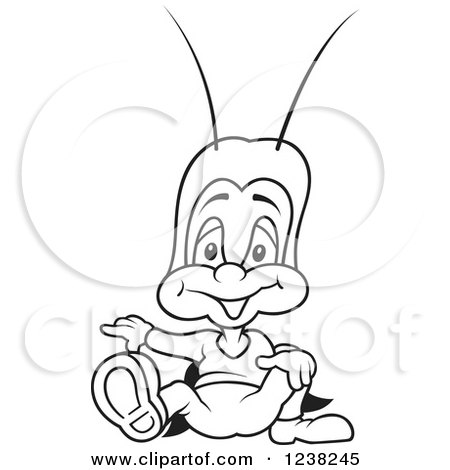 Clipart of a Black and White Cricket Sitting and Pointing - Royalty Free Vector Illustration by dero