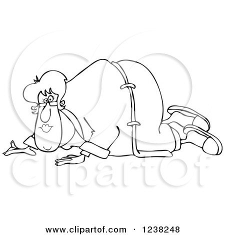 Clipart of a Black and White Chubby Woman Crawling in a Robe - Royalty Free Vector Illustration by djart