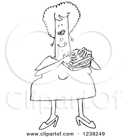 Clipart of a Black and White Chubby Woman Eating a Bologna Sandwich - Royalty Free Vector Illustration by djart