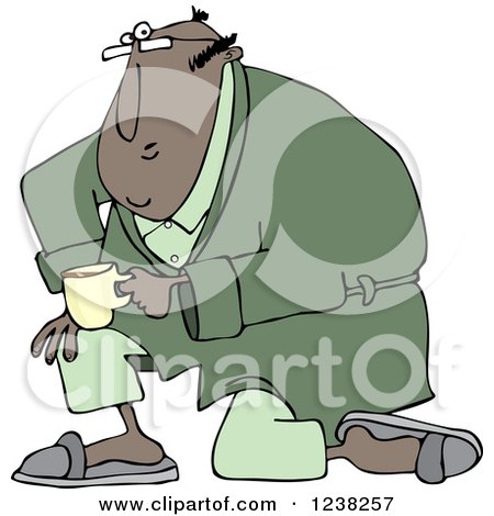 Clipart of a Black Man Kneeling in a Robe, Holding Coffee - Royalty Free Vector Illustration by djart