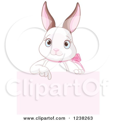 Clipart of a Cute White Easter Bunny Pointing down to a Pink Sign - Royalty Free Vector Illustration by Pushkin