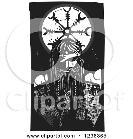 Clipart of a Woodcut Norse God Odin over a Wheel - Royalty Free Vector Illustration by xunantunich