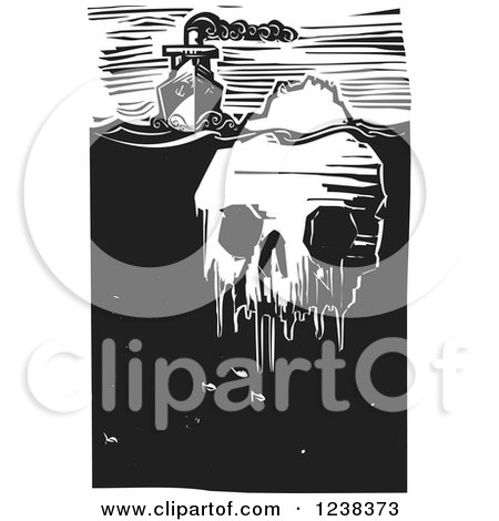 Clipart of a Woodcut Steam Ship with a Frozen Skull Iceberg, in Black and White - Royalty Free Vector Illustration by xunantunich