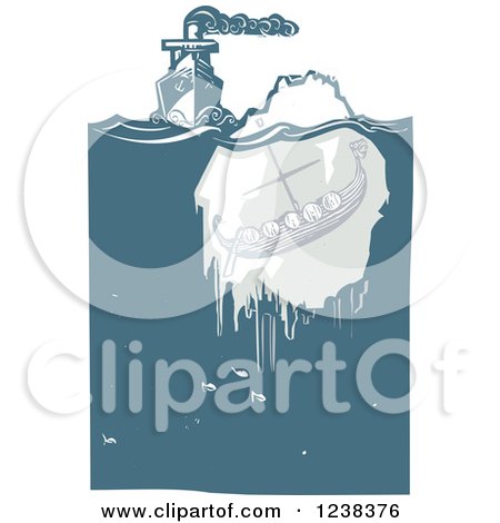 Clipart of a Woodcut Steam Ship Approaching a Viking Ship in an Iceberg - Royalty Free Vector Illustration by xunantunich