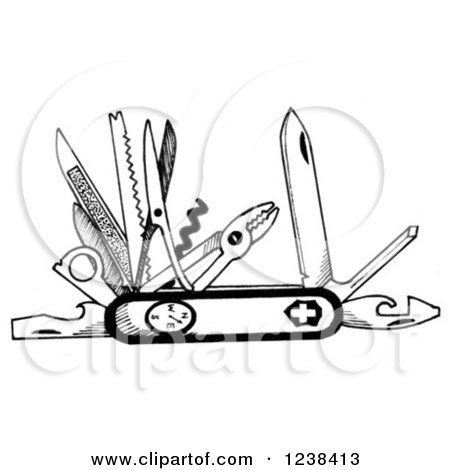Clipart of a Black and White Swiss Army Knife - Royalty Free Illustration by LoopyLand