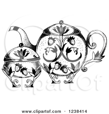 Clipart of a Black and White Ornate Strawberry Teapot and Sugar Bowl - Royalty Free Illustration by LoopyLand