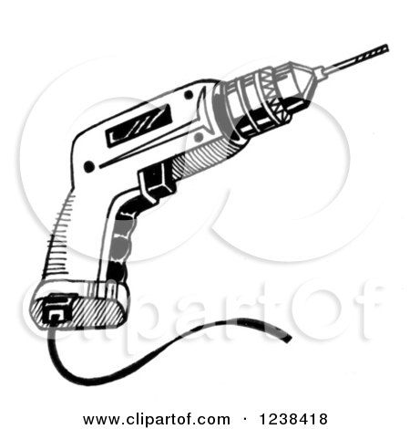 Clipart of a Black and White Power Drill - Royalty Free Illustration by LoopyLand