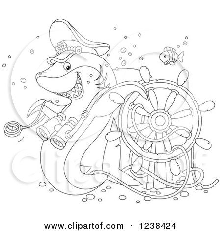Clipart of a Black and White Shark Captain and Fish over a Sunken Helm - Royalty Free Vector Illustration by Alex Bannykh