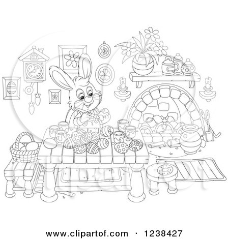 Clipart of a Black and White Rabbit Painting Easter Eggs on a Table - Royalty Free Vector Illustration by Alex Bannykh