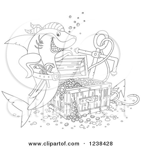 Clipart of a Black and White Pirate Shark by Sunken Treasure - Royalty Free Vector Illustration by Alex Bannykh
