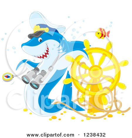 Clipart of a Shark Captain and Fish over a Sunken Helm - Royalty Free Vector Illustration by Alex Bannykh