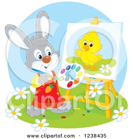 Clipart of a Rabbit Painting a Chick on a Canvas - Royalty Free Vector Illustration by Alex Bannykh