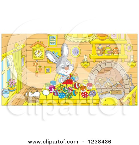 Clipart of a Gray Bunny Rabbit Painting Easter Eggs at a Table - Royalty Free Vector Illustration by Alex Bannykh