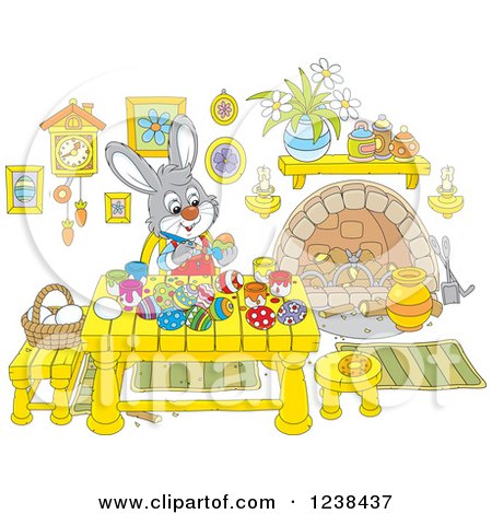Clipart of a Rabbit Painting Easter Eggs at a Wood Table - Royalty Free Vector Illustration by Alex Bannykh