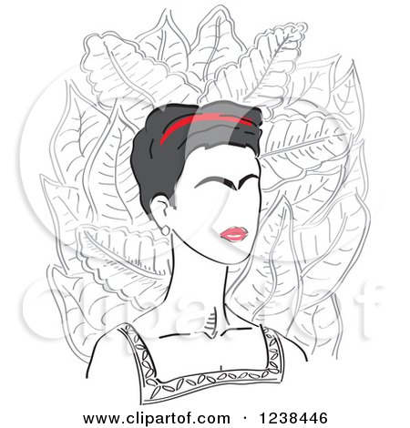 Clipart of a Portrait of Frida Kahlo over Leaves - Royalty Free Vector Illustration by David Rey