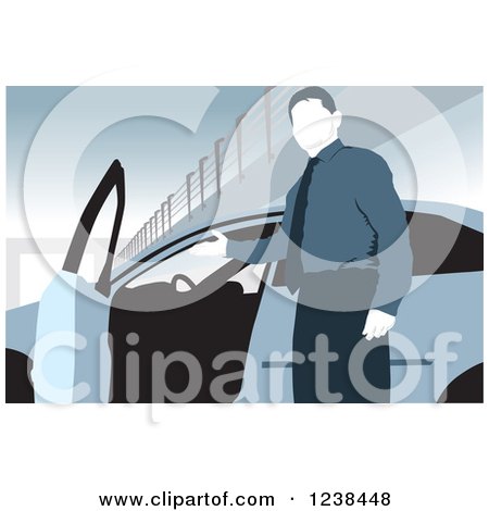 Clipart of a Faceless Car Salesman Presenting the Interior of a Vehicle - Royalty Free Vector Illustration by David Rey