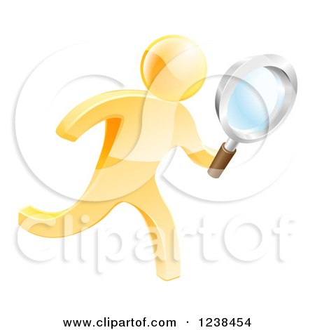 Clipart of a 3d Gold Man Running with a Magnifying Glass - Royalty Free Vector Illustration by AtStockIllustration
