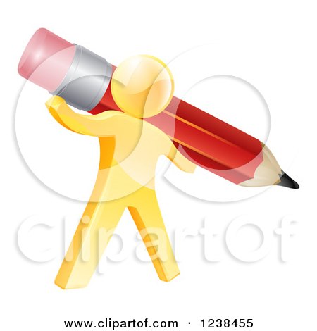 Clipart of a 3d Gold Person Holding a Giant Red Pencil - Royalty Free Vector Illustration by AtStockIllustration