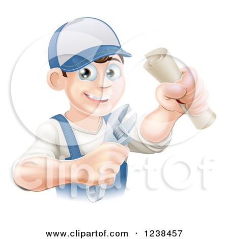 Clipart of a Happy Worker Graduate Holding a Wrench and Degree - Royalty Free Vector Illustration by AtStockIllustration