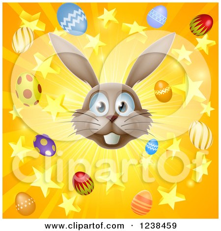 Clipart of a Burst of Rays Stars Eggs and a Gray Easter Bunny 2 - Royalty Free Vector Illustration by AtStockIllustration