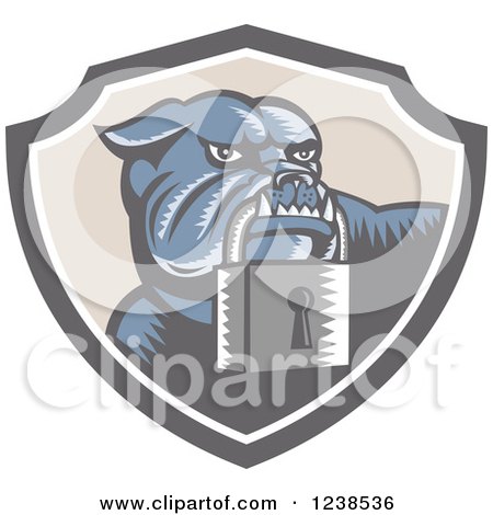 Clipart of a Retro Woodcut Bulldog with a Padlock in a Security Shield - Royalty Free Vector Illustration by patrimonio