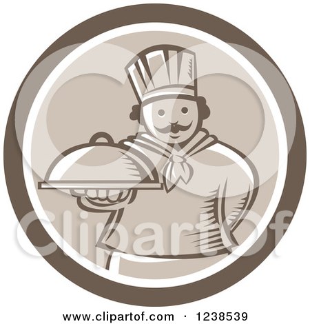 Clipart of a Retro Brown Woodcut Chef Holding out a Cloche Platter in a Circle - Royalty Free Vector Illustration by patrimonio