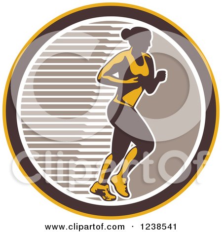 Clipart of a Retro Female Marathon Runner in a Brown White and Yellow Circle - Royalty Free Vector Illustration by patrimonio