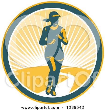 Clipart of a Retro Female Marathon Runner in a Sunny Circle - Royalty Free Vector Illustration by patrimonio
