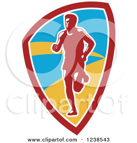 Clipart of a Retro Male Marathon Runner in a Shield - Royalty Free Vector Illustration by patrimonio