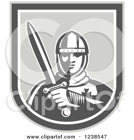 Clipart of a Retro Knight Holding a Sword in a Shield - Royalty Free Vector Illustration by patrimonio