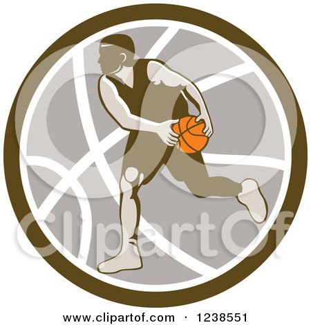 Clipart of a Retro Basketball Player over a Ball - Royalty Free Vector Illustration by patrimonio