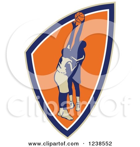 Clipart of Retro Basketball Players in a Shield - Royalty Free Vector Illustration by patrimonio