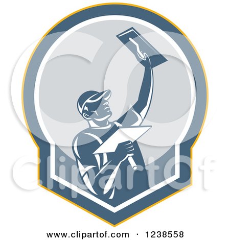 Clipart of a Retro Plasterer Man in a Shield - Royalty Free Vector Illustration by patrimonio
