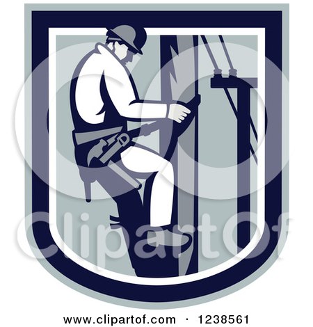 Clipart of a Retro Electrician Lineman in a Shield - Royalty Free Vector Illustration by patrimonio