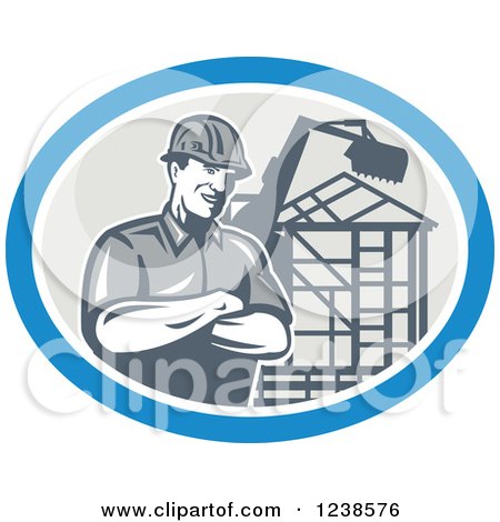 Clipart of a Retro Carpenter over a Building Frame in an Oval - Royalty Free Vector Illustration by patrimonio