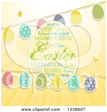 Clipart of a Word Collage Easter Egg with Buntings over Sunshine - Royalty Free Vector Illustration by elaineitalia