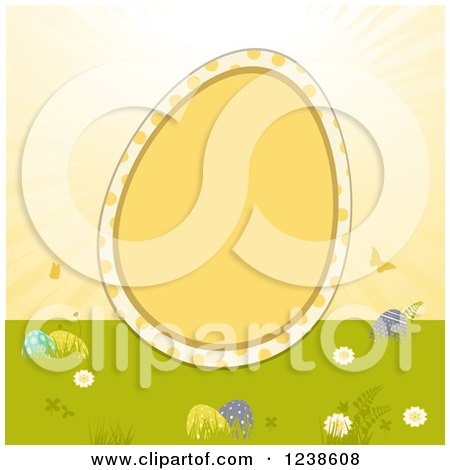 Clipart of an Easter Egg Frame on Grass with Butterflies and Sunshine - Royalty Free Vector Illustration by elaineitalia