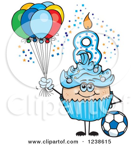 Clipart of a Caucasian Blue Boys Eighth Birthday Cupcake with a Soccer Ball and Balloons - Royalty Free Vector Illustration by Dennis Holmes Designs