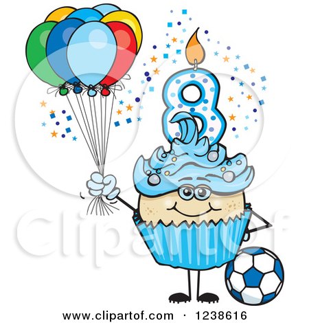 Clipart of an Asian Blue Boys Eighth Birthday Cupcake with a Soccer Ball and Balloons - Royalty Free Vector Illustration by Dennis Holmes Designs