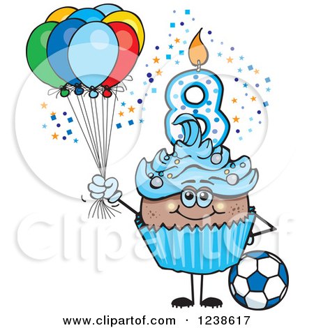 Clipart of a Black Blue Boys Eighth Birthday Cupcake with a Soccer Ball and Balloons - Royalty Free Vector Illustration by Dennis Holmes Designs