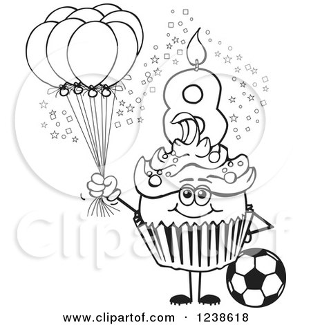 Clipart of a Black and White Boys Eighth Birthday Cupcake with a Soccer Ball and Balloons - Royalty Free Vector Illustration by Dennis Holmes Designs