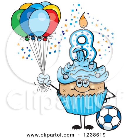 Clipart of a Latino Blue Boys Eighth Birthday Cupcake with a Soccer Ball and Balloons - Royalty Free Vector Illustration by Dennis Holmes Designs