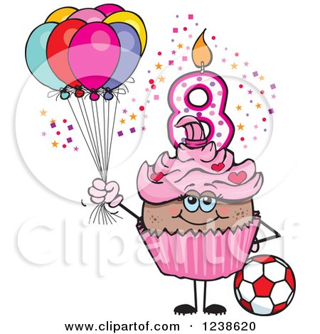 Clipart of a Black Pink Girls Eighth Birthday Cupcake with a Soccer Ball and Balloons - Royalty Free Vector Illustration by Dennis Holmes Designs